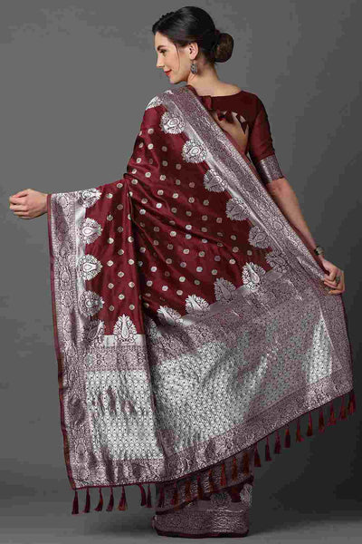 Shop Jenna Burgundy Woven Art Silk One Minute Saree at best offer at our  Store - One Minute Saree