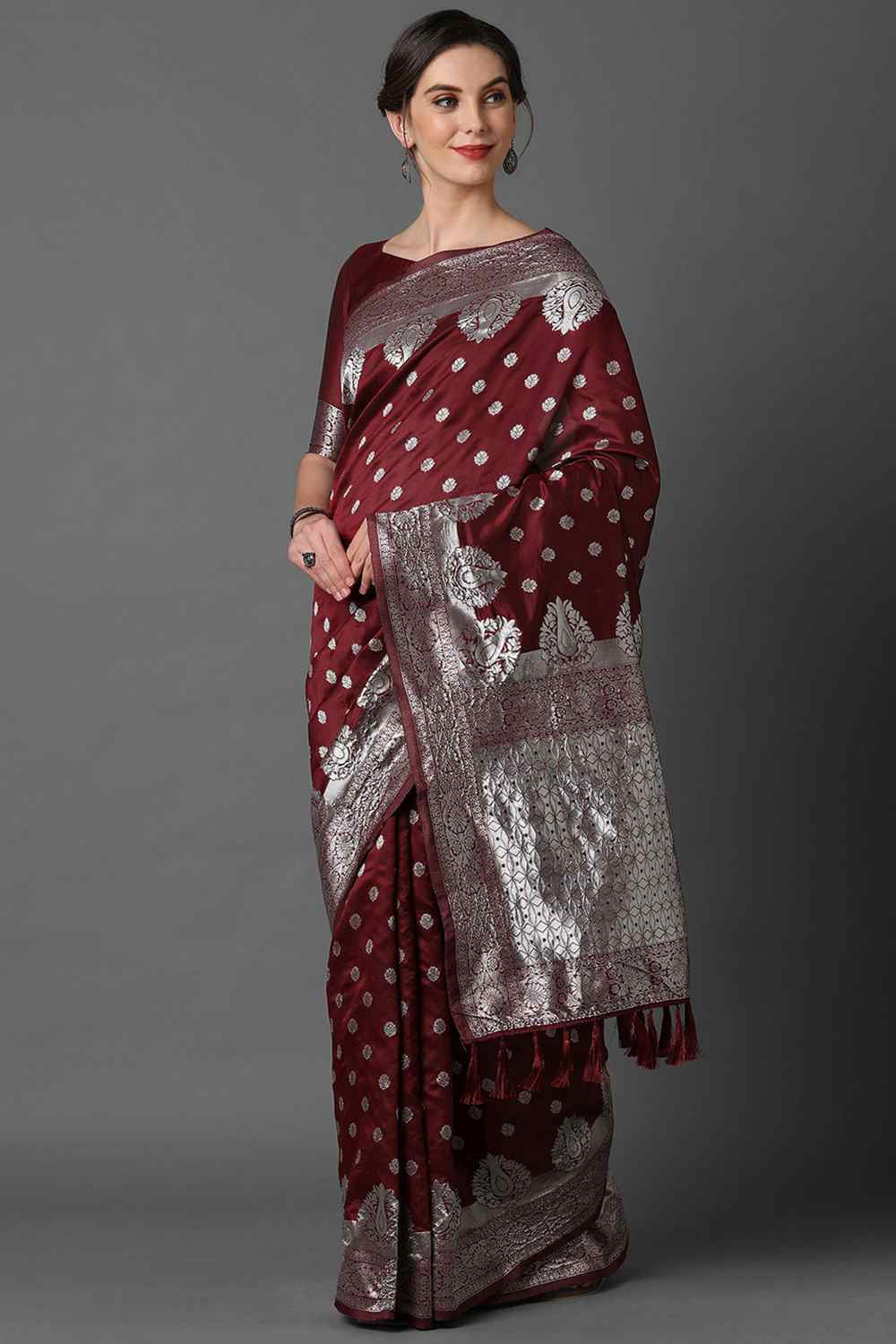 Buy Jenna Burgundy Woven Art Silk One Minute Saree Online
