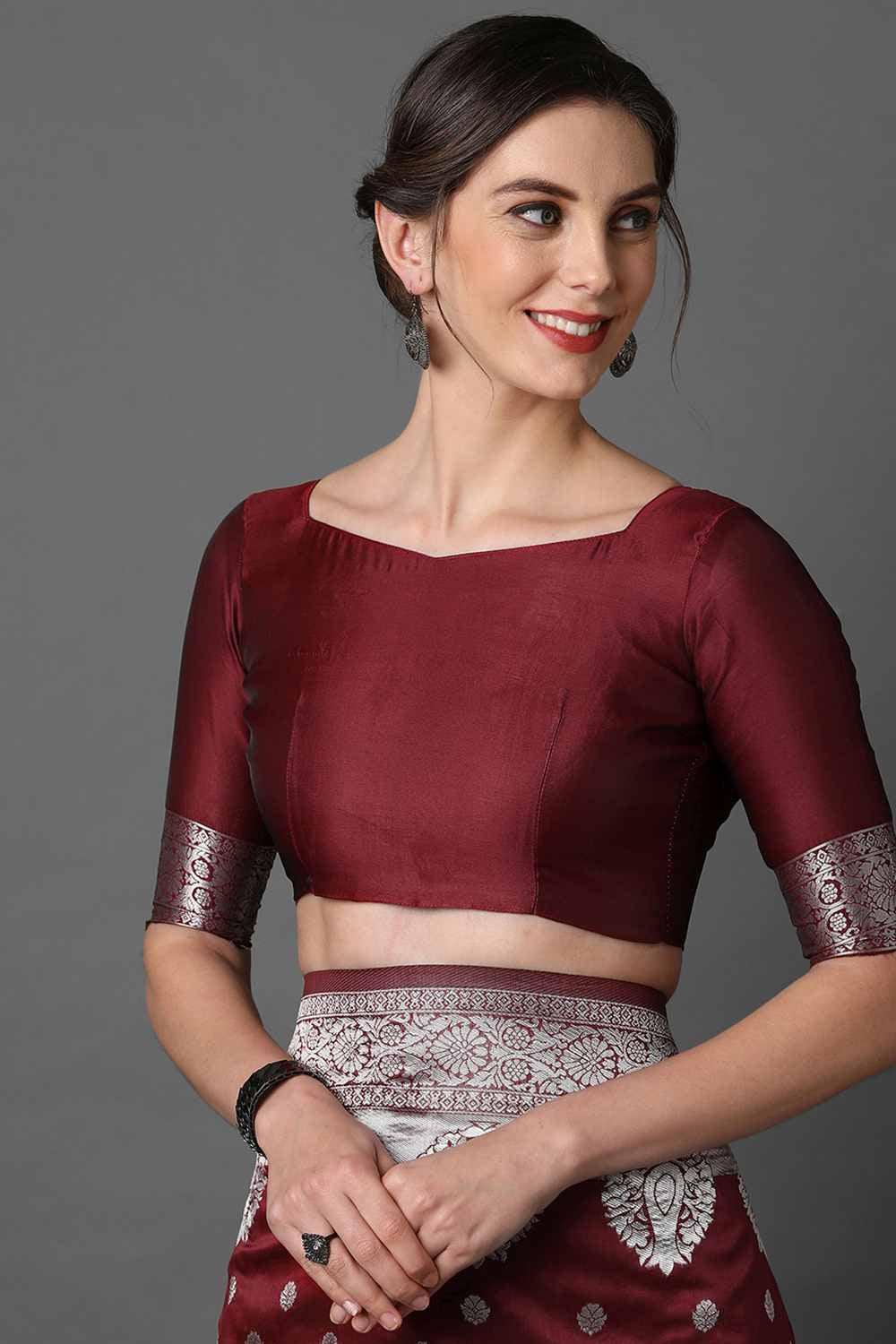 Buy Jenna Burgundy Woven Art Silk One Minute Saree Online - Back