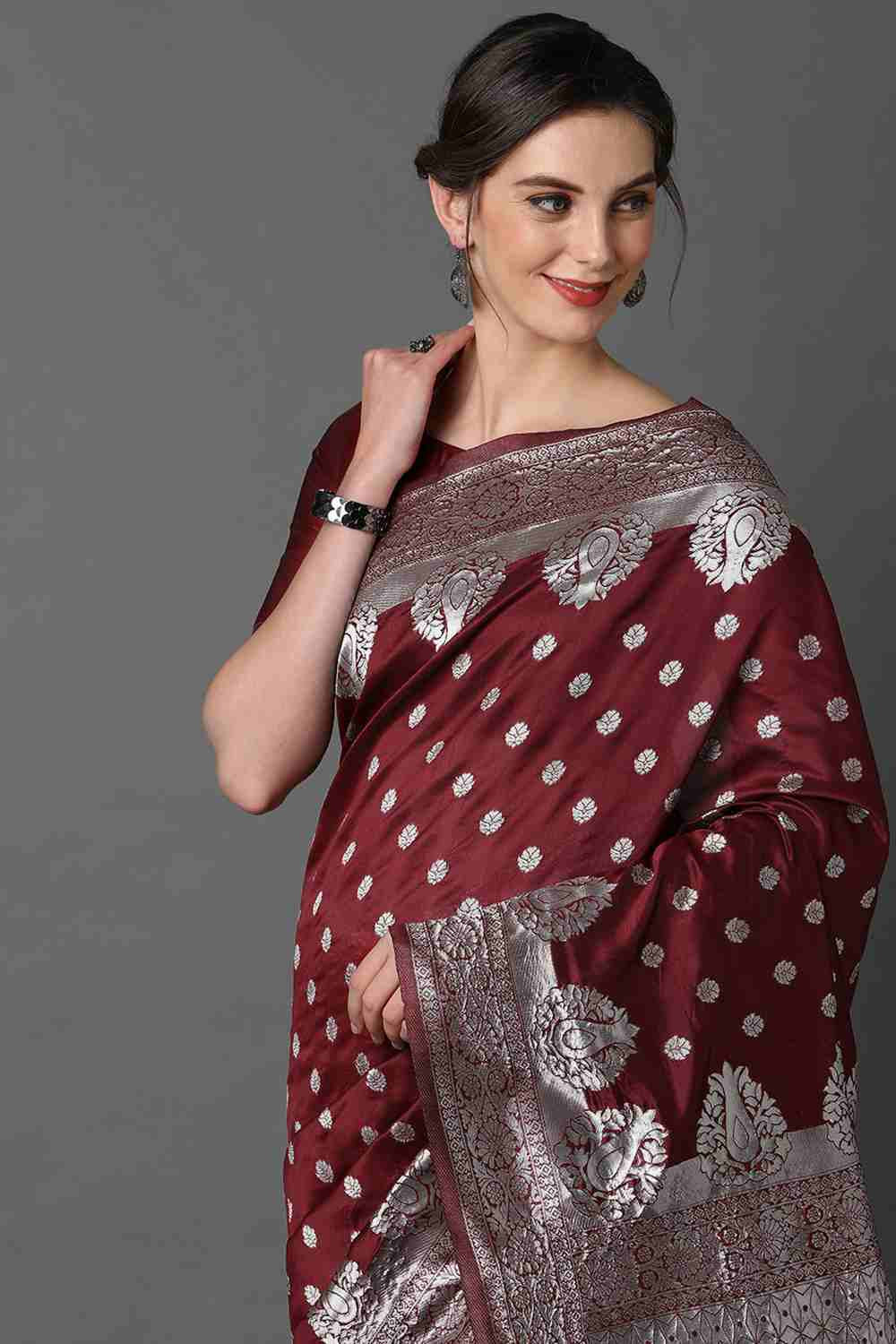 Buy Jenna Burgundy Woven Art Silk One Minute Saree Online - Side
