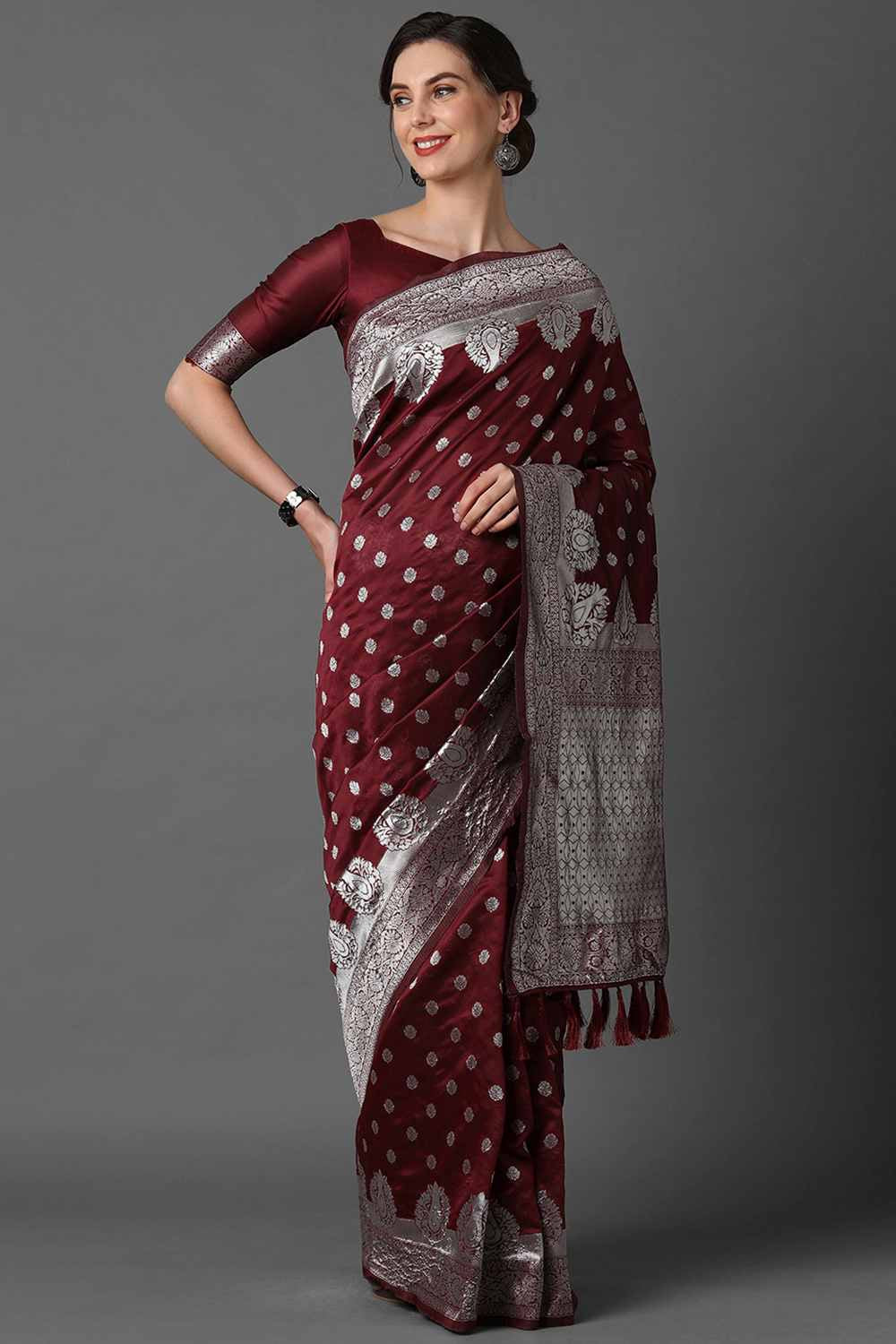 Buy Jenna Burgundy Woven Art Silk One Minute Saree Online - One Minute Saree