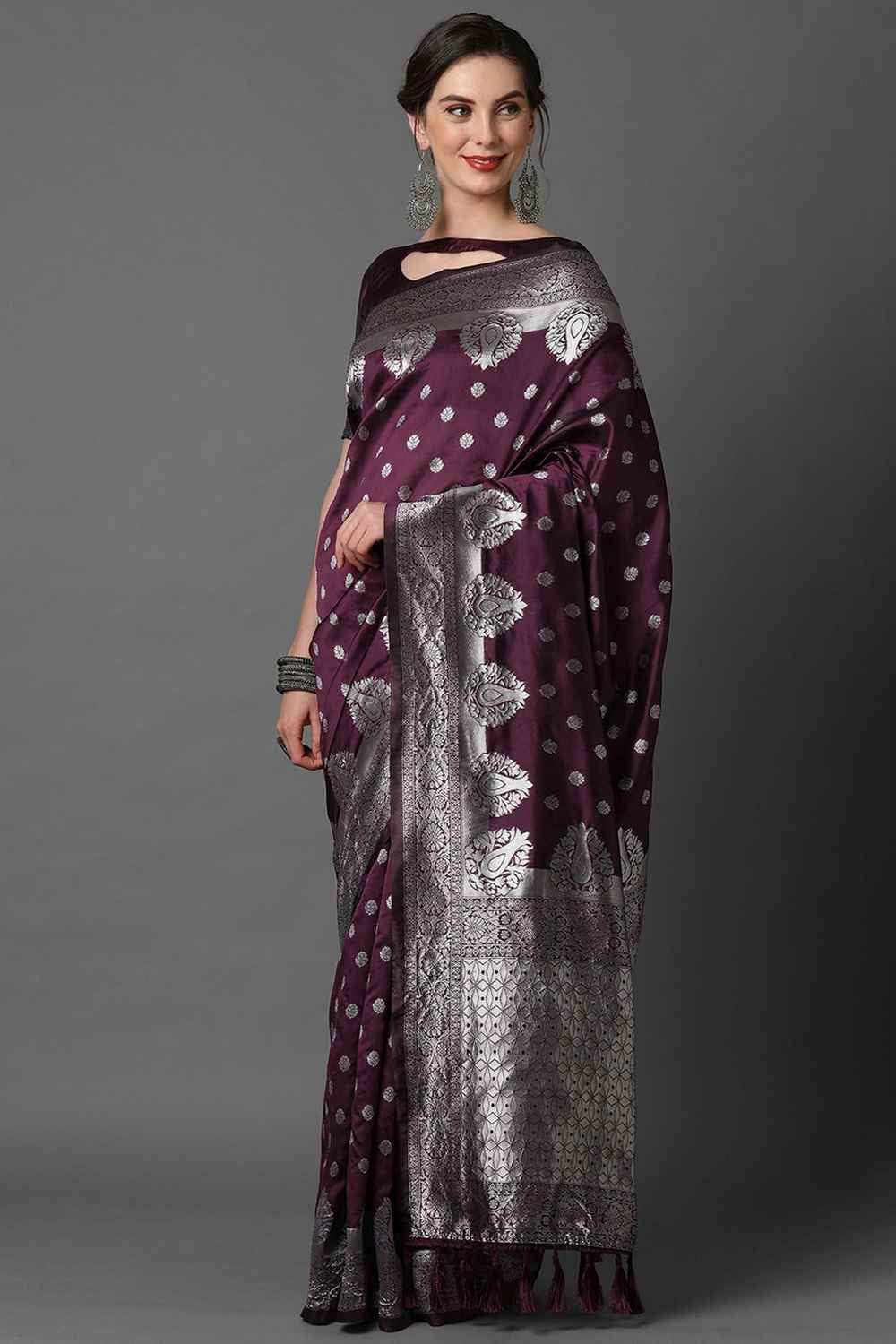 Buy Yula Wine Woven Art Silk One Minute Saree Online