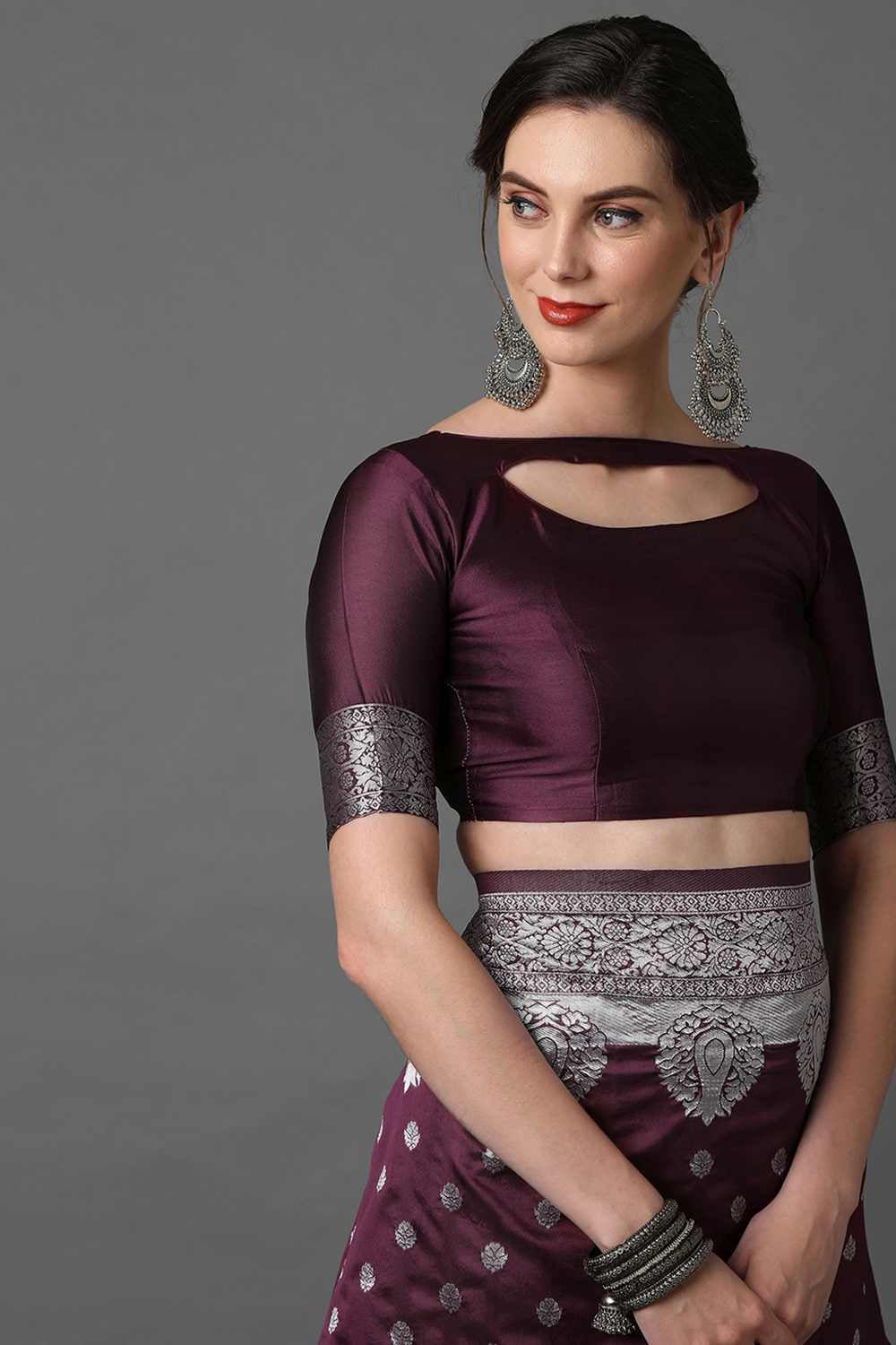 Buy Yula Wine Woven Art Silk One Minute Saree Online - Back