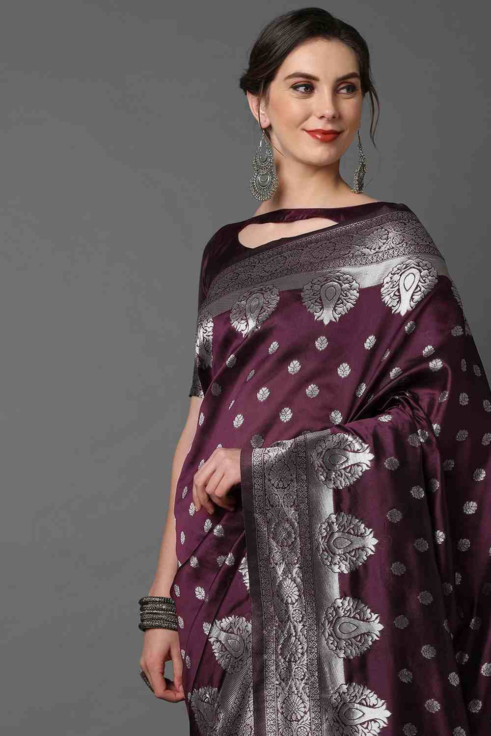Buy Yula Wine Woven Art Silk One Minute Saree Online - Side