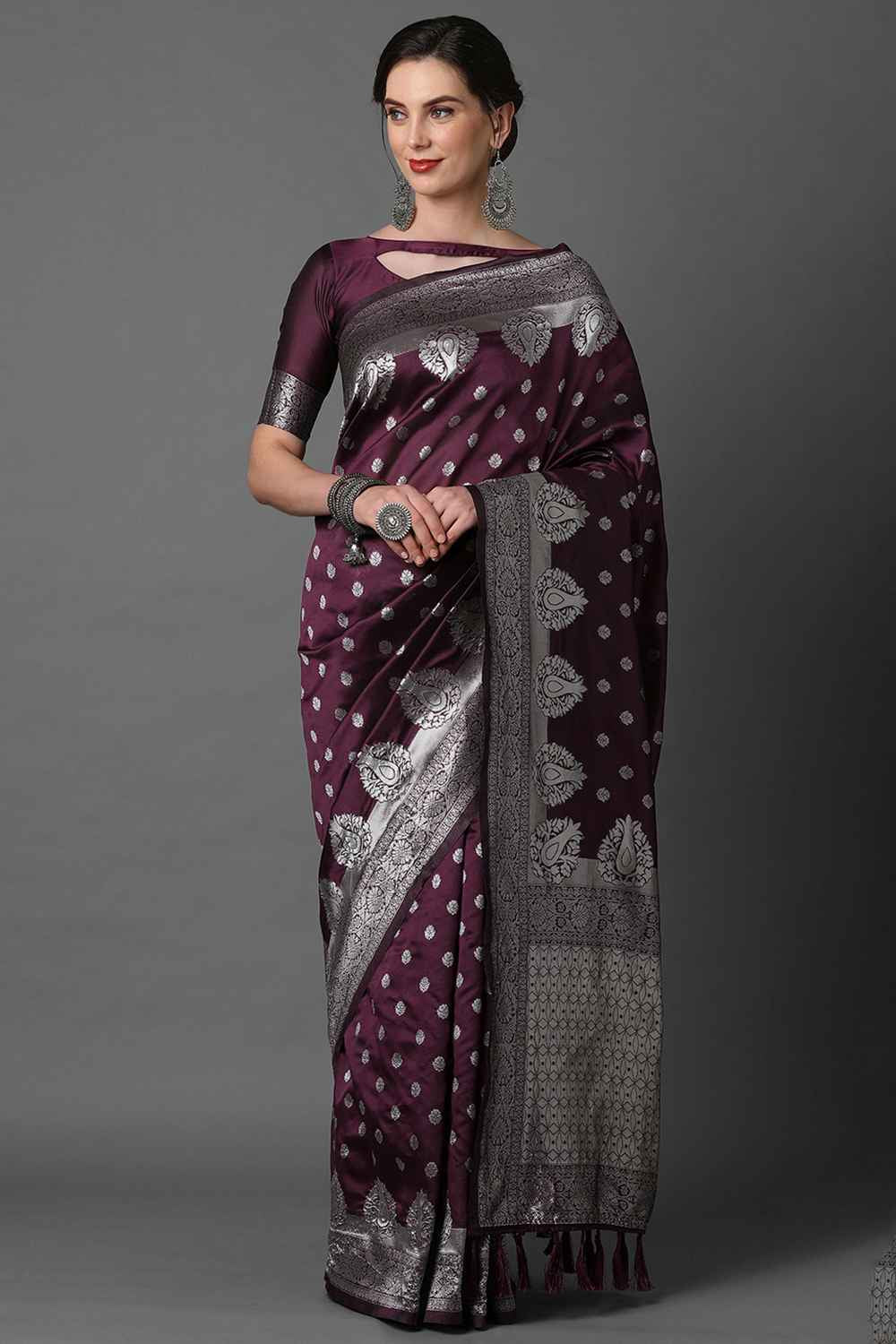 Buy Yula Wine Woven Art Silk One Minute Saree Online - One Minute Saree