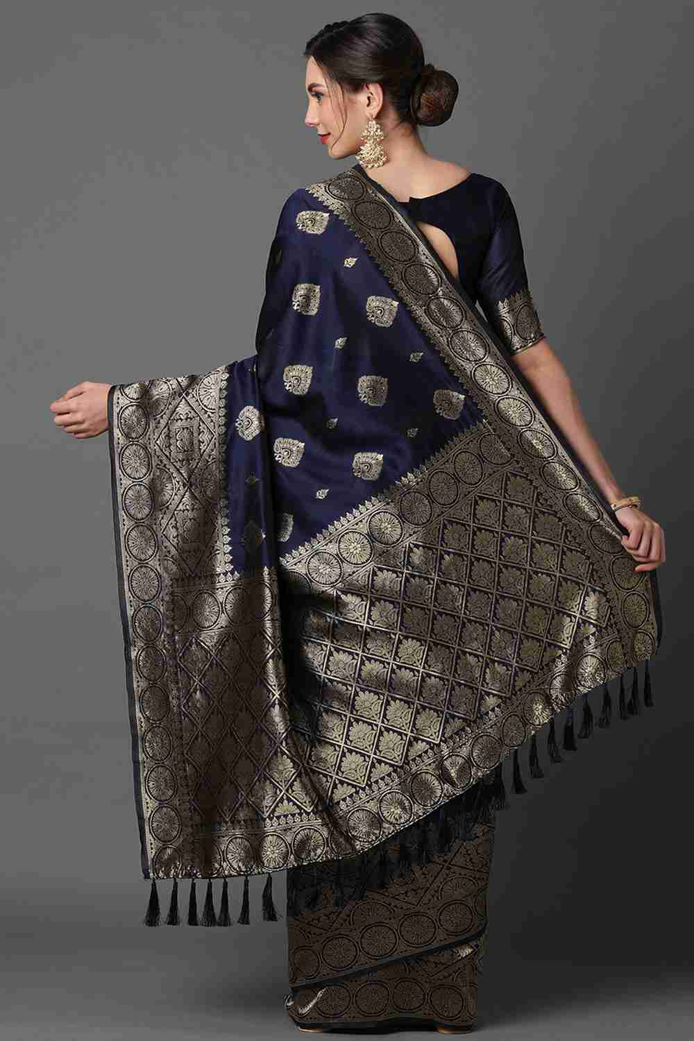 Shop Uma Navy Blue Woven Art Silk One Minute Saree at best offer at our  Store - One Minute Saree