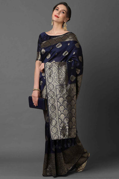 Buy Uma Navy Blue Woven Art Silk One Minute Saree Online