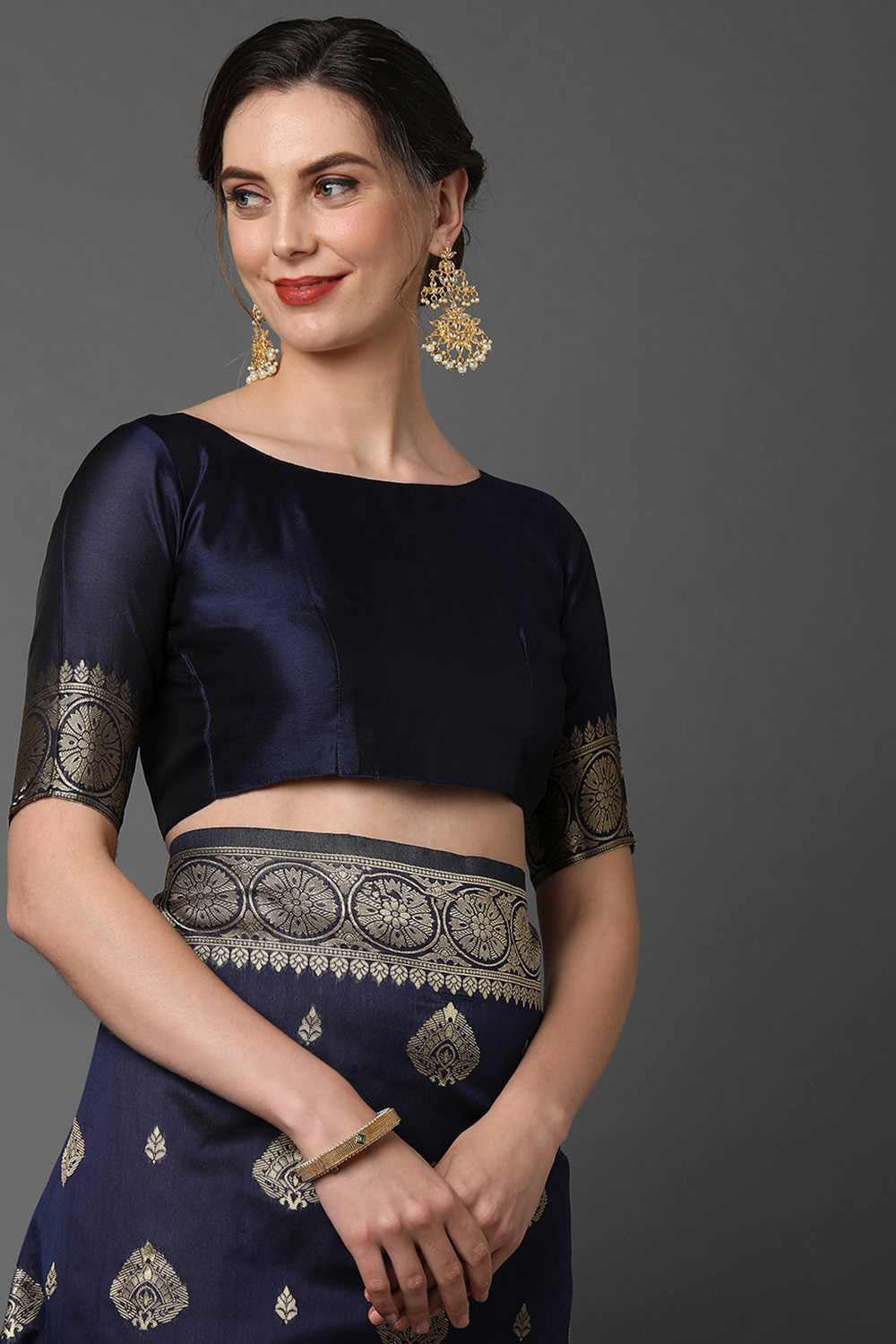 Buy Uma Navy Blue Woven Art Silk One Minute Saree Online - Back