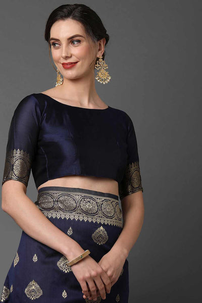 Buy Uma Navy Blue Woven Art Silk One Minute Saree Online - Back