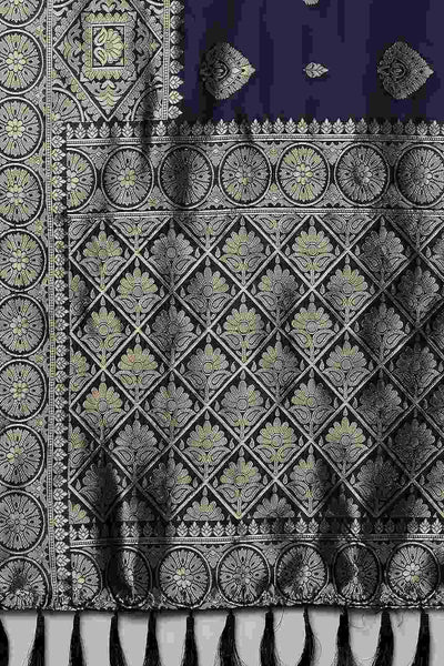 Buy Uma Navy Blue Woven Art Silk One Minute Saree Online - Front