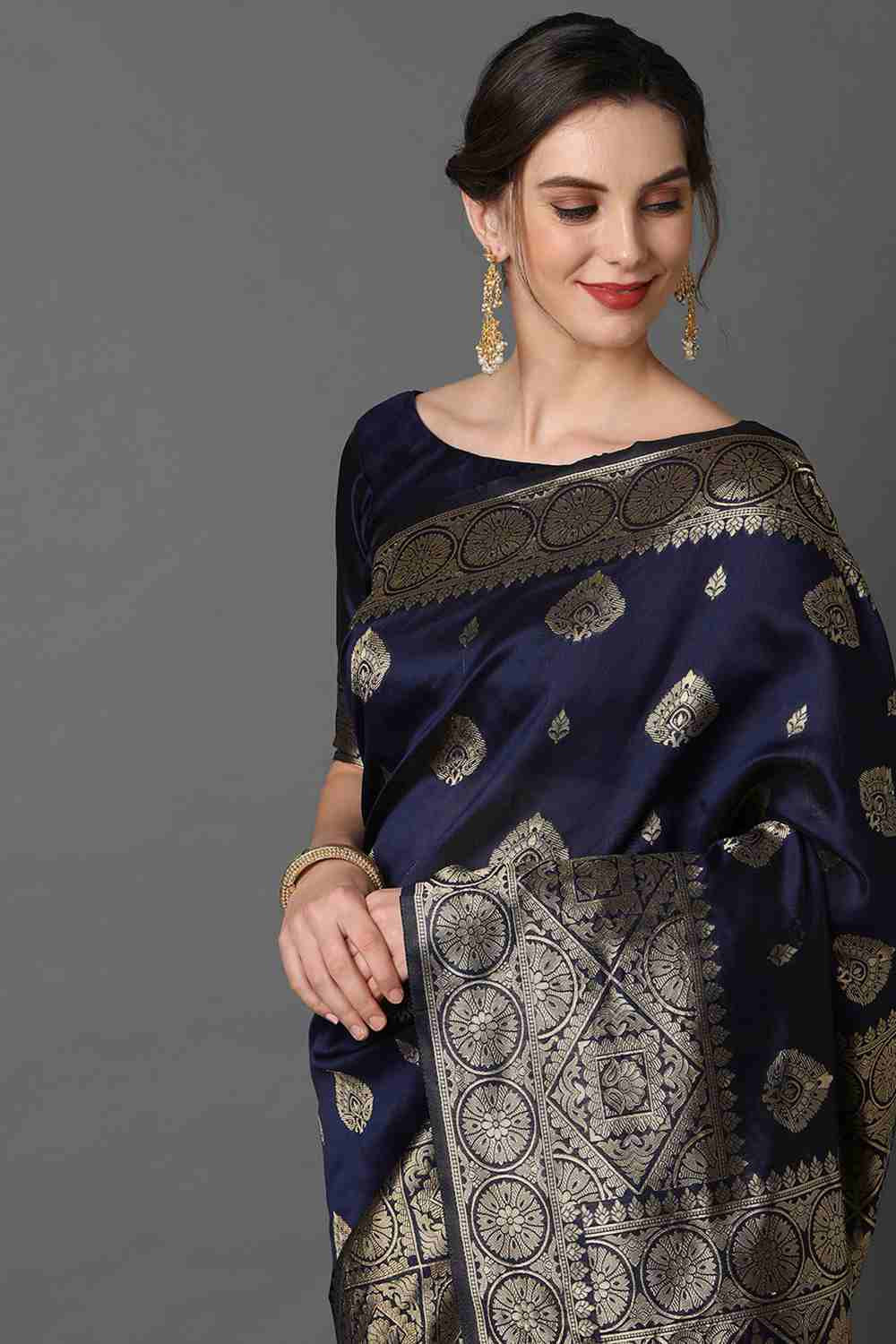 Buy Uma Navy Blue Woven Art Silk One Minute Saree Online - Side