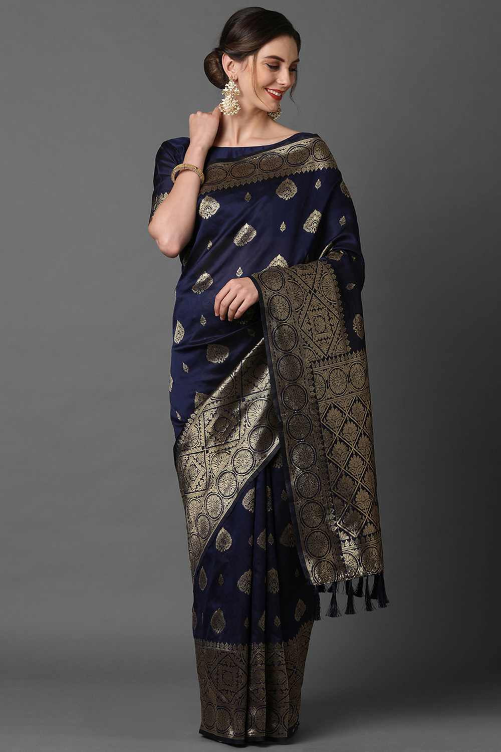 Buy Uma Navy Blue Woven Art Silk One Minute Saree Online - One Minute Saree