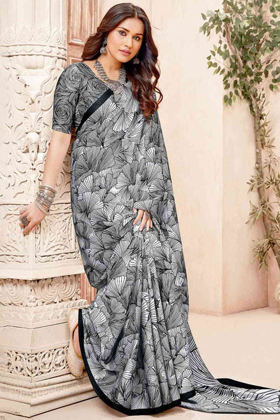 Buy Ruhi Grey Crepe Abstract Print One Minute Saree Online - One Minute Saree