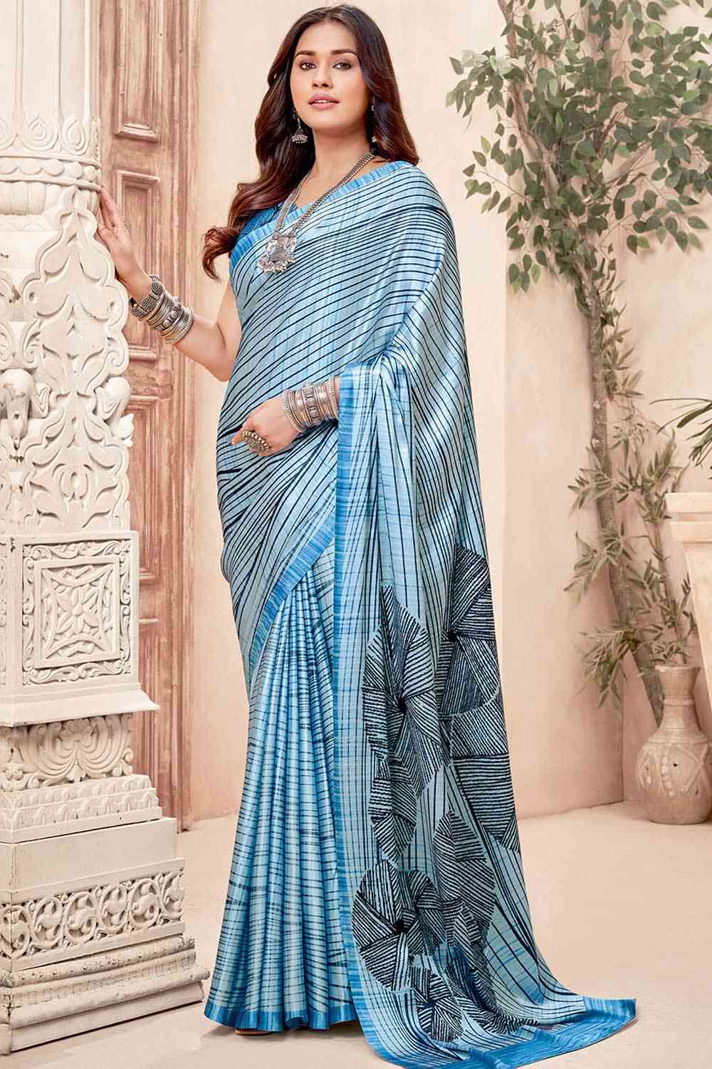 Buy Dara Blue Crepe Abstract Print One Minute Saree Online - One Minute Saree