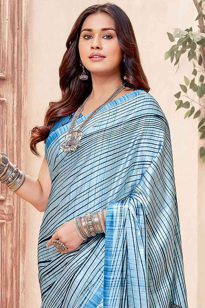 Buy Dara Blue Crepe Abstract Print One Minute Saree Online - Front