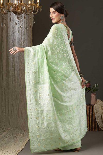 Shop Mindy Mint Green Cotton Silk Botanical Muga One Minute Saree at best offer at our  Store - One Minute Saree