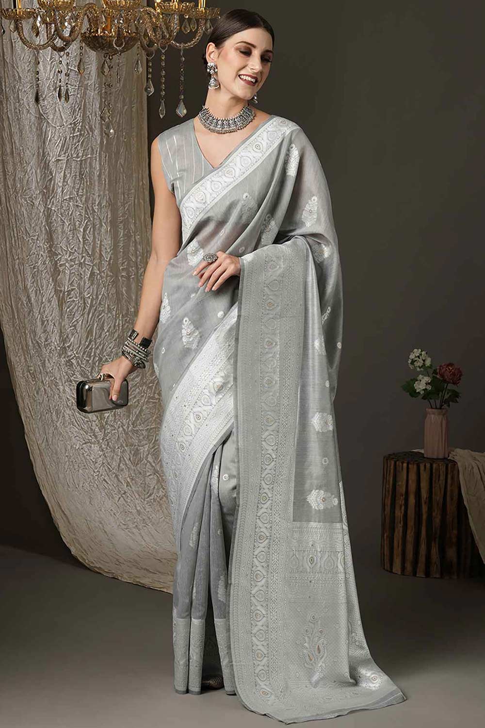 Buy Luci Grey Cotton Silk Bagh Design Banarasi One Minute Saree Online - One Minute Saree