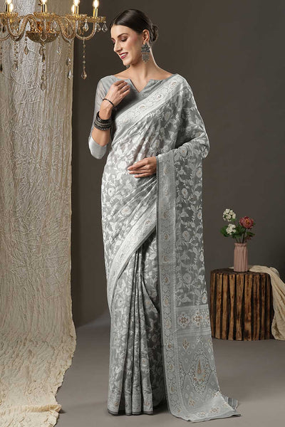 Buy Silia Grey Cotton Silk Botanical Banarasi One Minute Saree Online - One Minute Saree