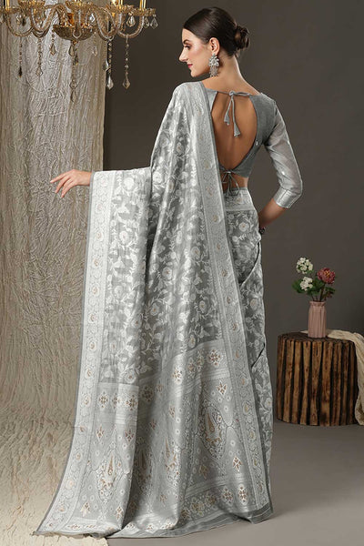 Shop Silia Grey Cotton Silk Botanical Banarasi One Minute Saree at best offer at our  Store - One Minute Saree