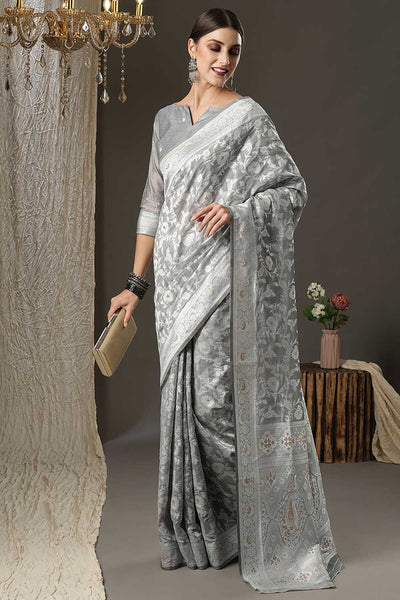 Buy Silia Grey Cotton Silk Botanical Banarasi One Minute Saree Online - Side