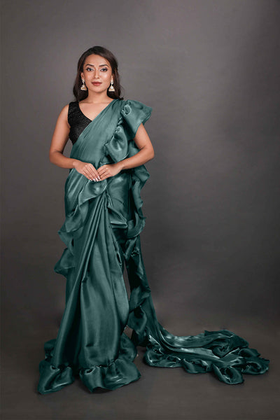 Buy Gold Green Organza Ruffle One Minute Saree Online - One Minute Saree