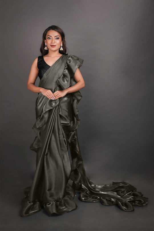 Buy Kaya Gold Grey Organza Ruffle One Minute Saree Online - One Minute Saree