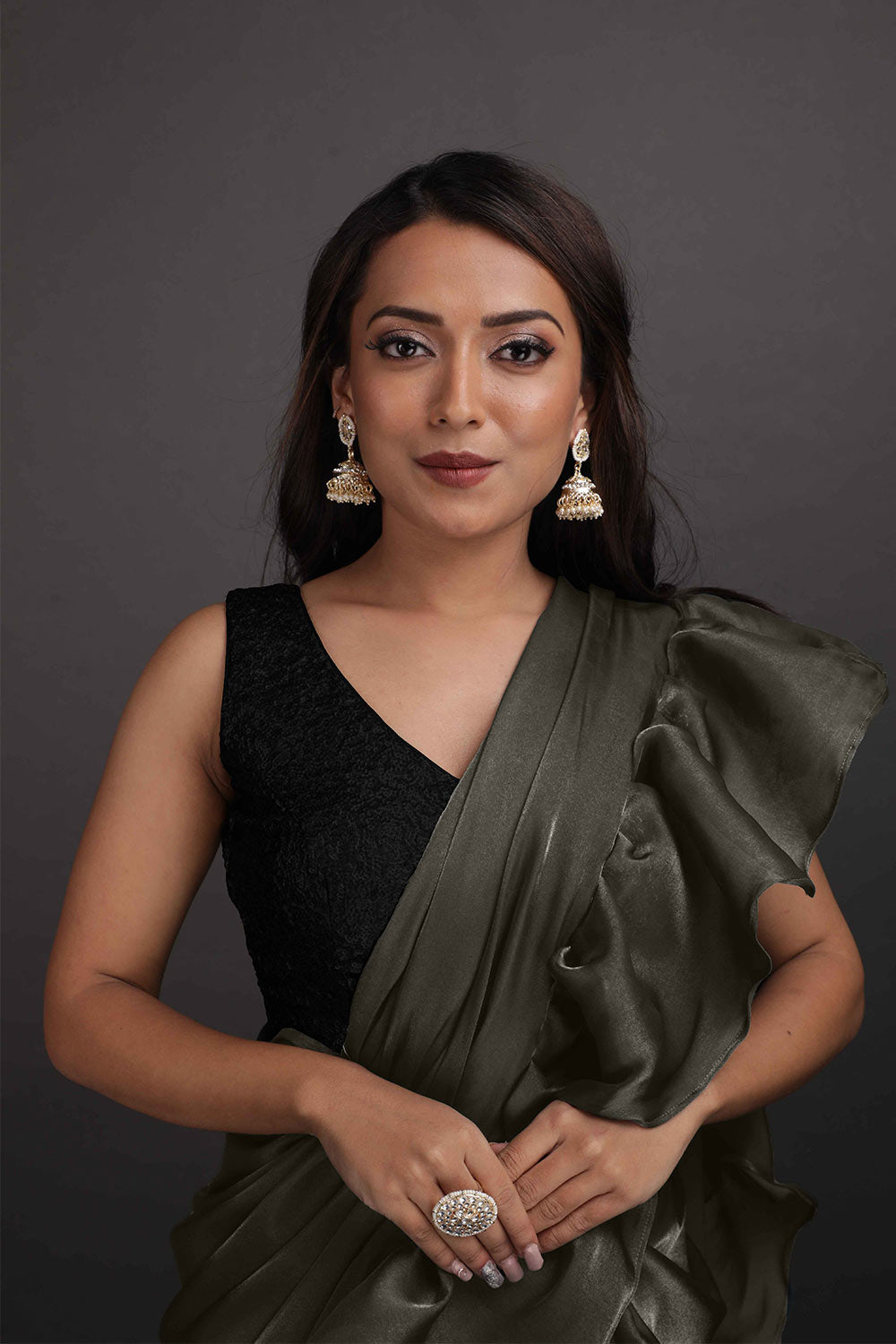 Shop Kaya Gold Grey Organza Ruffle One Minute Saree at best offer at our  Store - One Minute Saree