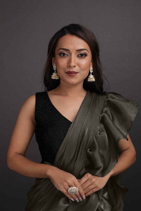 Shop Kaya Gold Grey Organza Ruffle One Minute Saree at best offer at our  Store - One Minute Saree