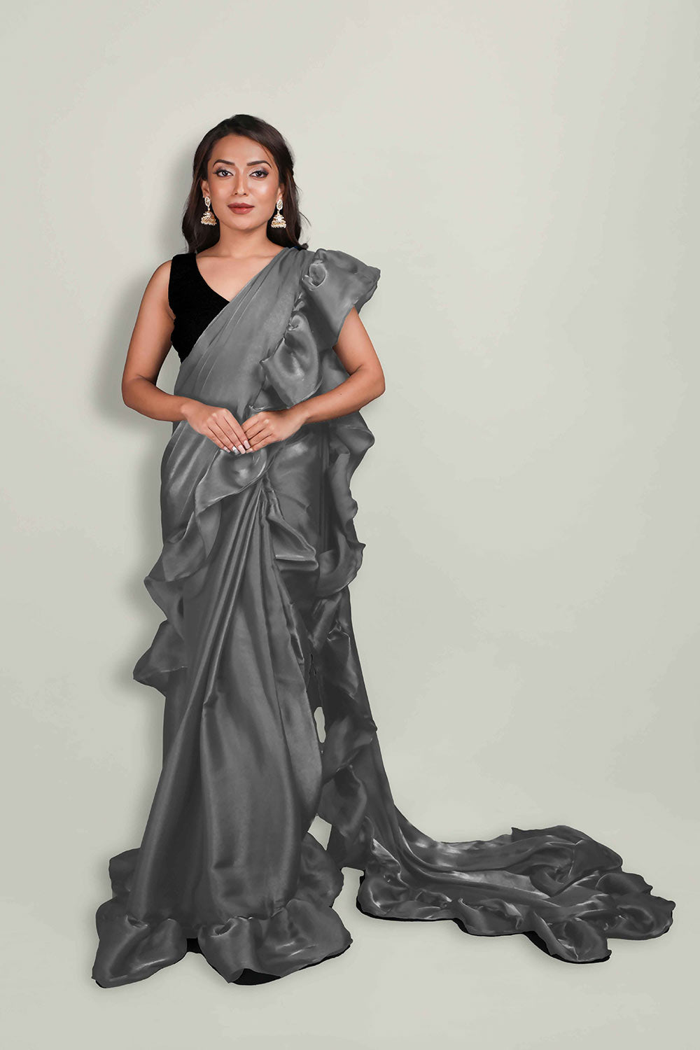 Buy Lola Light Grey Organza Ruffle One Minute Saree Online - One Minute Saree