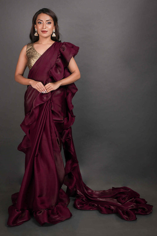 Buy Maya Mulberry Tissue Organza Ruffle One Minute Saree Online - One Minute Saree
