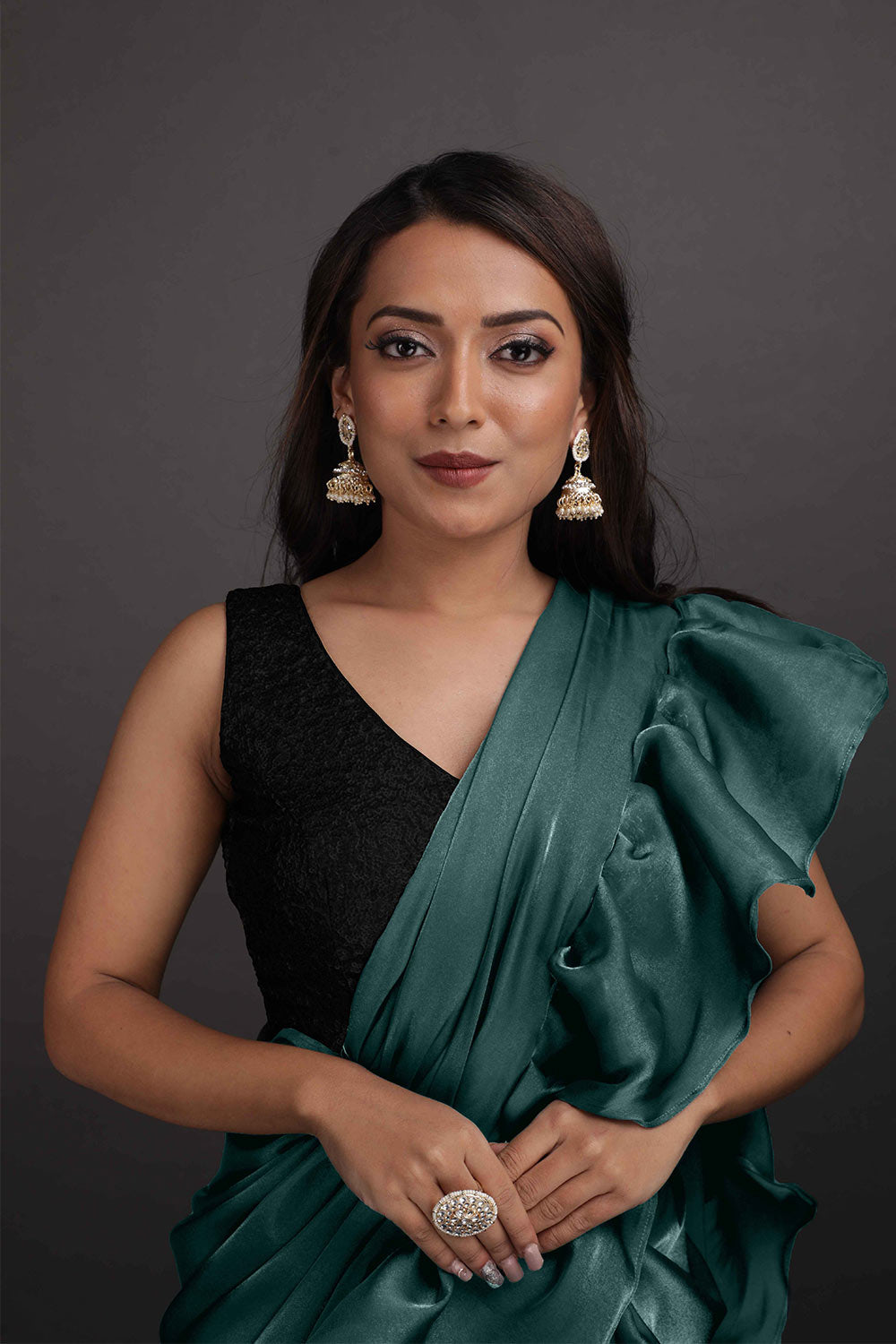 Shop Gold Green Organza Ruffle One Minute Saree at best offer at our  Store - One Minute Saree