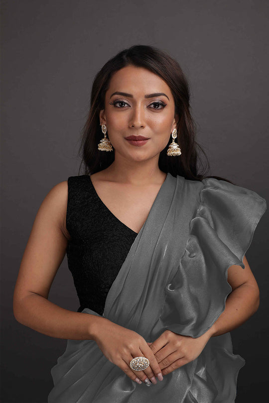 Shop Lola Light Grey Organza Ruffle One Minute Saree at best offer at our  Store - One Minute Saree