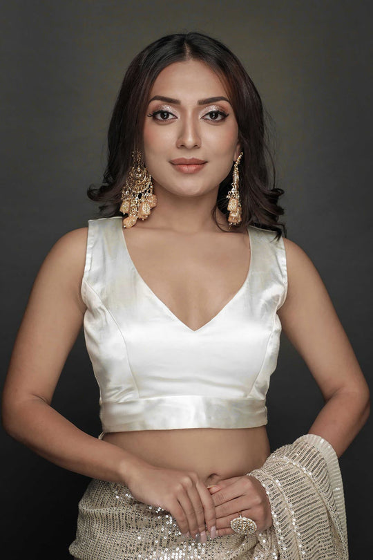 Buy Serena Comfort Stretch Off-White Satin Custom Design Blouse Online - One Minute Saree